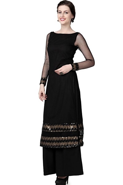 Heavily embellished black kurta with net sleeves