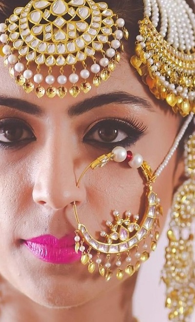 Kundan And Pearl Bead Crafted Bridal Nose Pin