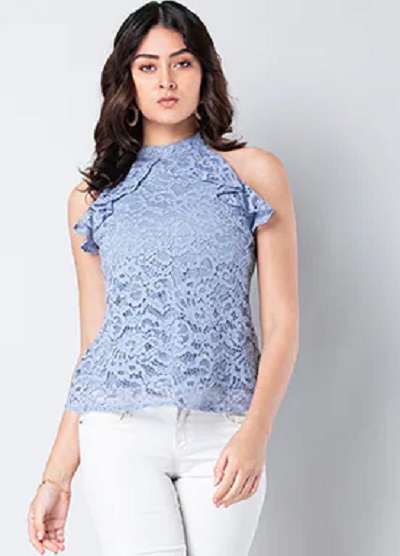 Lace Fabric and Ruffle Halter Top