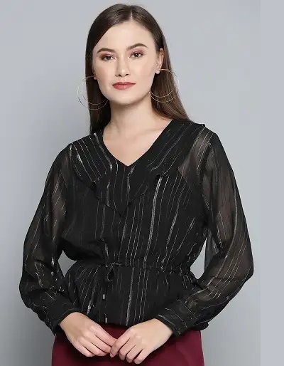 Ladies Black Sheer V Neckline Shirt