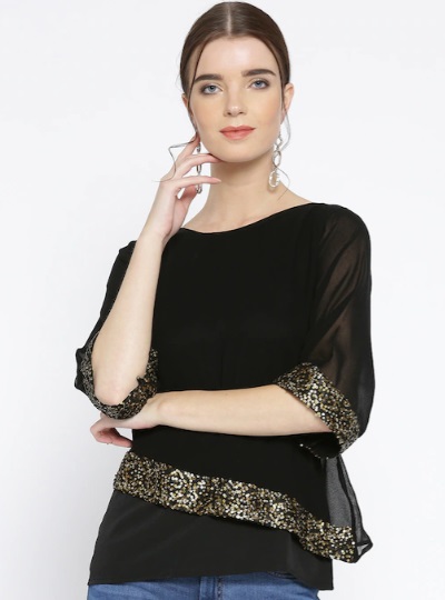 Layered Embellished Black Top For Parties