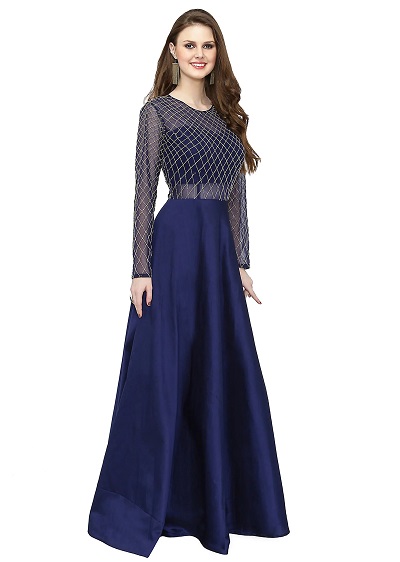 Long A-Line Satin Gown With Net Sleeves
