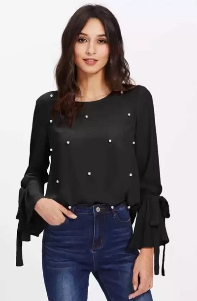 Pearl Work Ruffle Sleeve Black Top