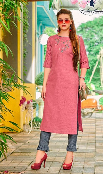 Pink Kurti With Pleated Pants For Office