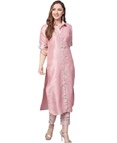 Pink Silk Collared Kurti pant set