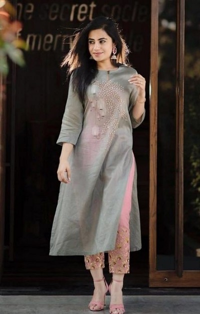 Printed Grey Kurti Cotton Pant Set