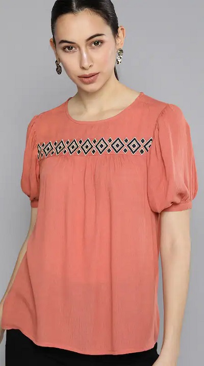 Puff Sleeve Embroidered Coral Top