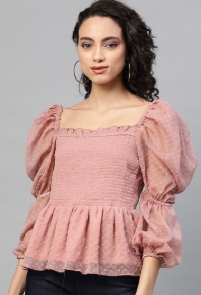 Puff sleeved smocked peplum top for women