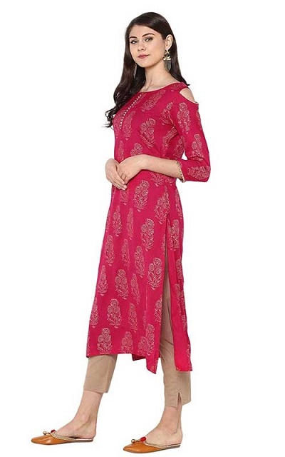 Red Cold Shoulder Kurti With Khaki Pants