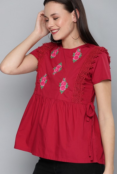 Red Floral Embroidered Cotton Top