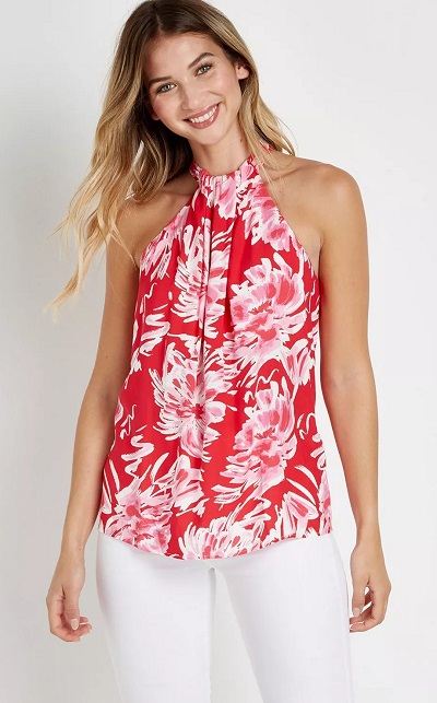 Red Floral Summer Halter Top In Georgette