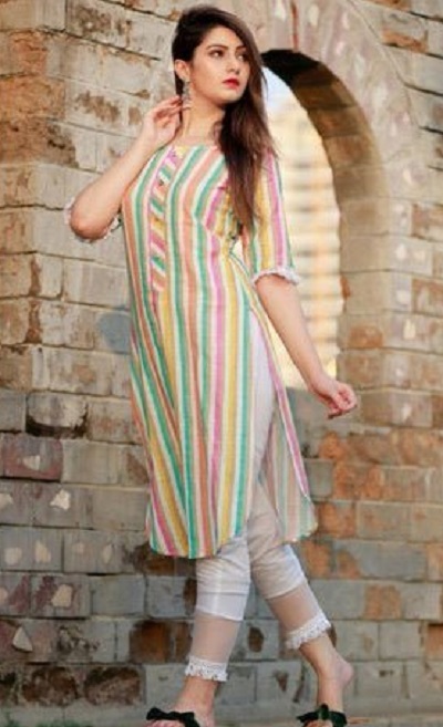 Rounded hemline kurti with white trouser pants