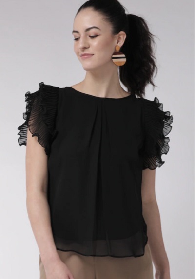 Short Ruffle Sleeve Black Top Design