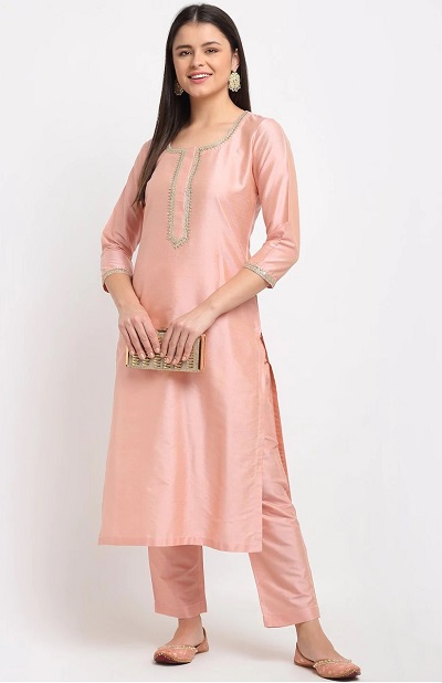 Silk Peach Embellished Kurti Simple Pants