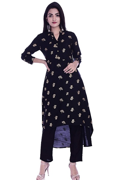 Simple Black Solid Kurti With Button Work