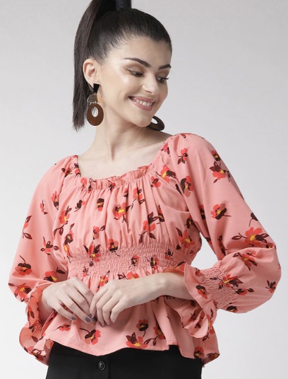 Smocked full sleeves printed peplum top