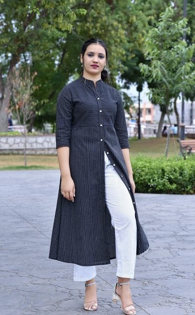 Stand Collar A Line Kurti With Trouser Pants