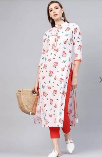 Summer White Floral Kurti Orange Pant Set