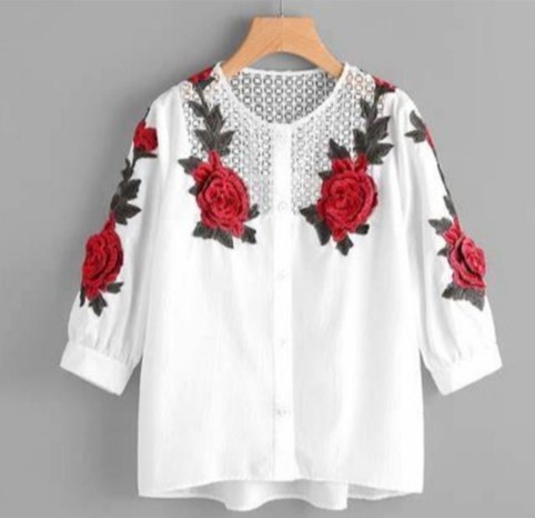 White Button Blouse With Red Embroidery
