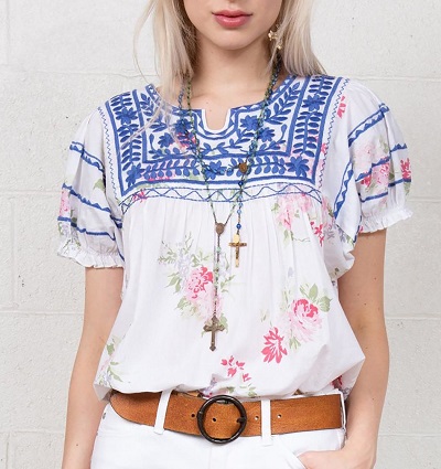 White Floral Printed Embroidered Top