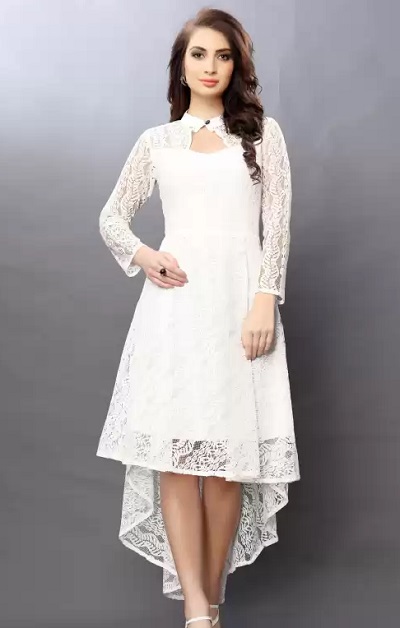 White Lace High Low Pattern A-Line Dress Design