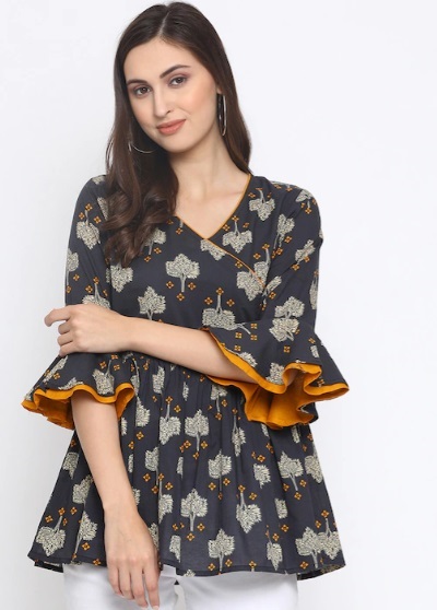 Wrap peplum printed top with flared sleeves