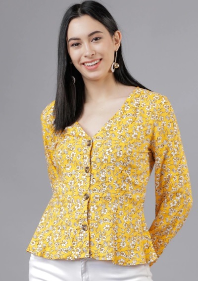 Yellow printed full sleeves peplum top