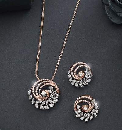 Diamond pendant unique floral design with earrings