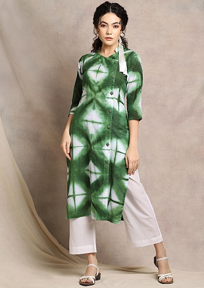 Angrakha Pattern White And Green Tie And Dye Kurta Design