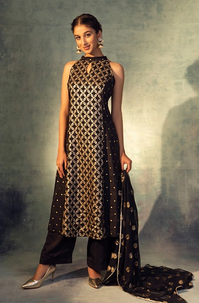 Black gold foil printed Halter neck kurta suit set