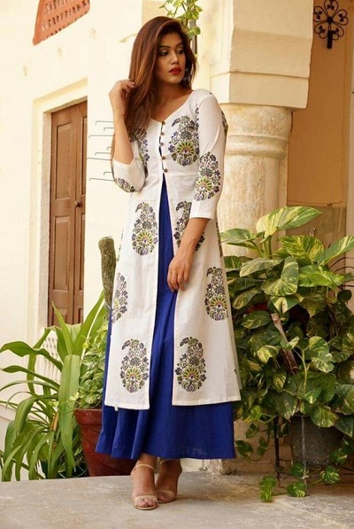 Blue And White Floral Layered Kurta Pattern