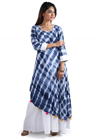 Blue and White Tie And Dye Long Kurti Design