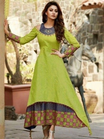 Cotton Green Layered Cold Shoulder Kurta Dress