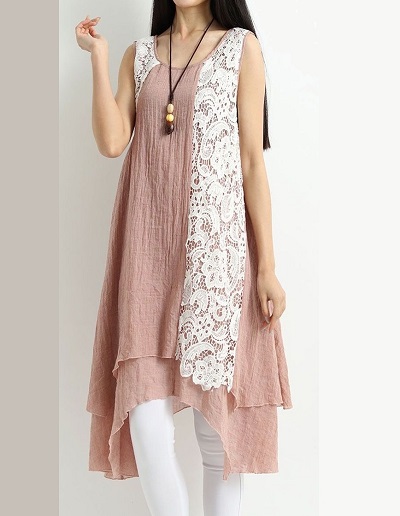 Cotton Lace Fabric Double Layered Sleeveless Kurti