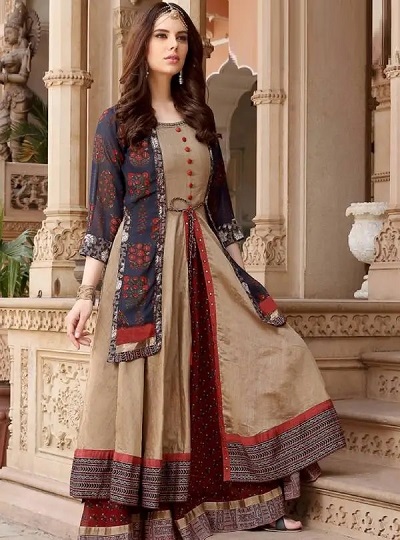 Red And Beige Embroidered Readymade Kurti 754KR18