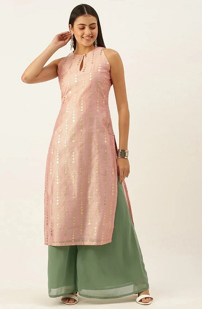 Festive Peach Chanderi Silk Kurta Style Kurti