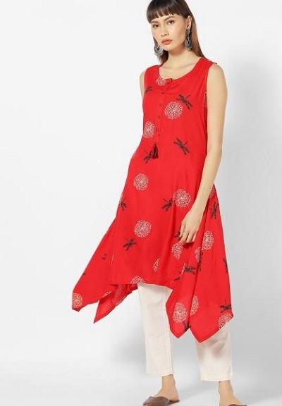 Red Cotton Sleeveless Summer Kurti Design