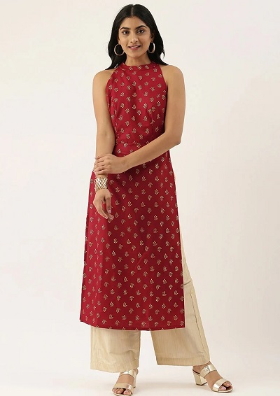 Red Printed Cotton Halter Kurti For Women