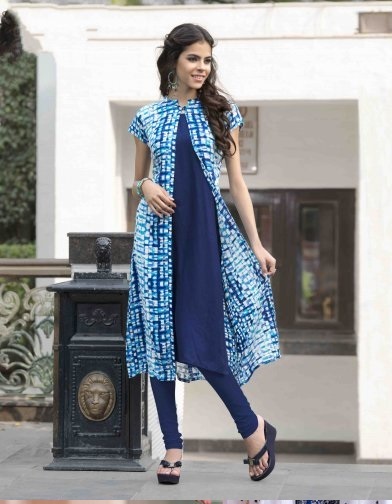 Solid Blue Kurti With Tie And Dye Shrug