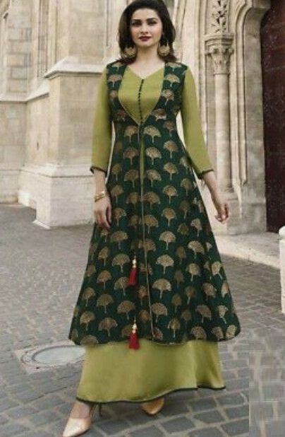 Stylish A line Green Kurta With Jacket Layer