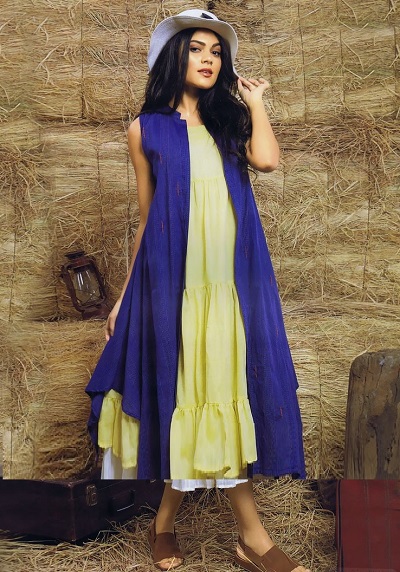 Summer Yellow and Blue Layered Kurta Cotton Set