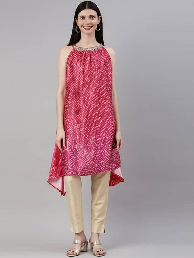 Uneven Hemline embellished pink Halter neck kurti design