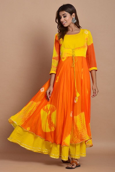 Yellow And Orange Bandhni Shrug Kurta Design