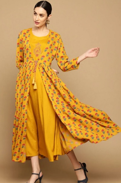 Yellow Cotton Full Length Double Layered Kurta Design