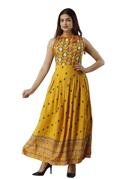 Yellow Full Length Halter Style Kurti Dress