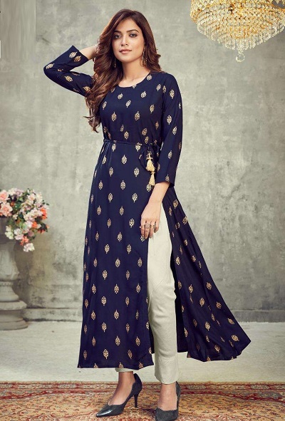 A Line Full Flared Navy Printed Side Slit Kurta