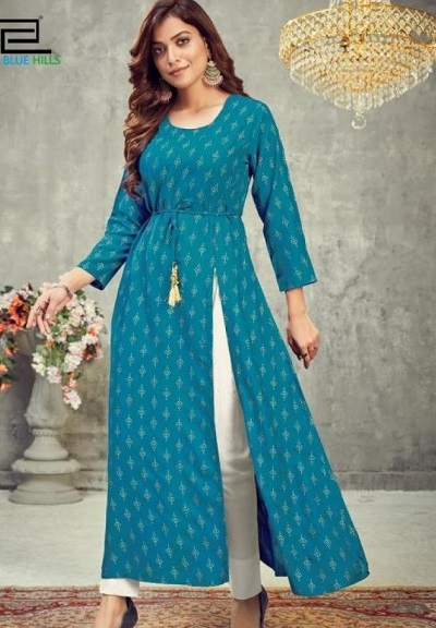 Blue Printed Long Side Slit Kurti Pattern