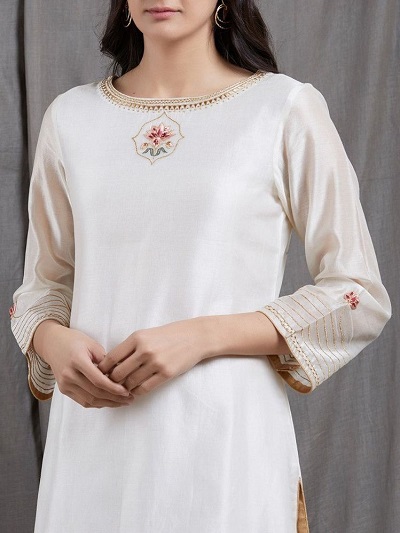 Boat Neck White Silk Kurti