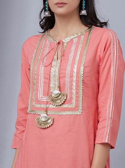 Cotton Peach Gota Work Festive Kurti