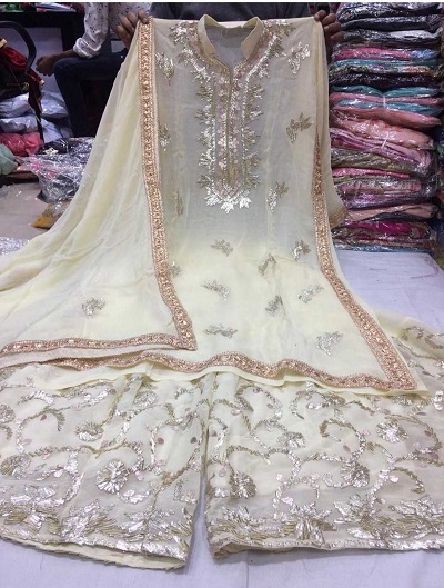 Designer Off White Gota Work Kurti Plazo For Wedding